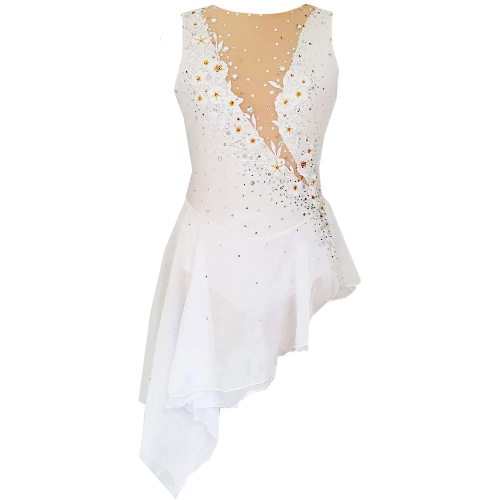 HGWBFB Figure Skating Dress Women Girl Crystal Competition Sleeveless High Elasticity Ice Skating Dress,10Years,White