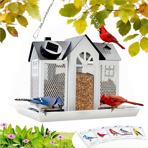 Solar Bird Feeder for Outdoors Hanging Heavy Duty Metal Wild Bird Feeders with Solar Light & 5 Bird ID Cards Chew Resistant Seed Feeder for Cardinal Unique Gifts for Mom