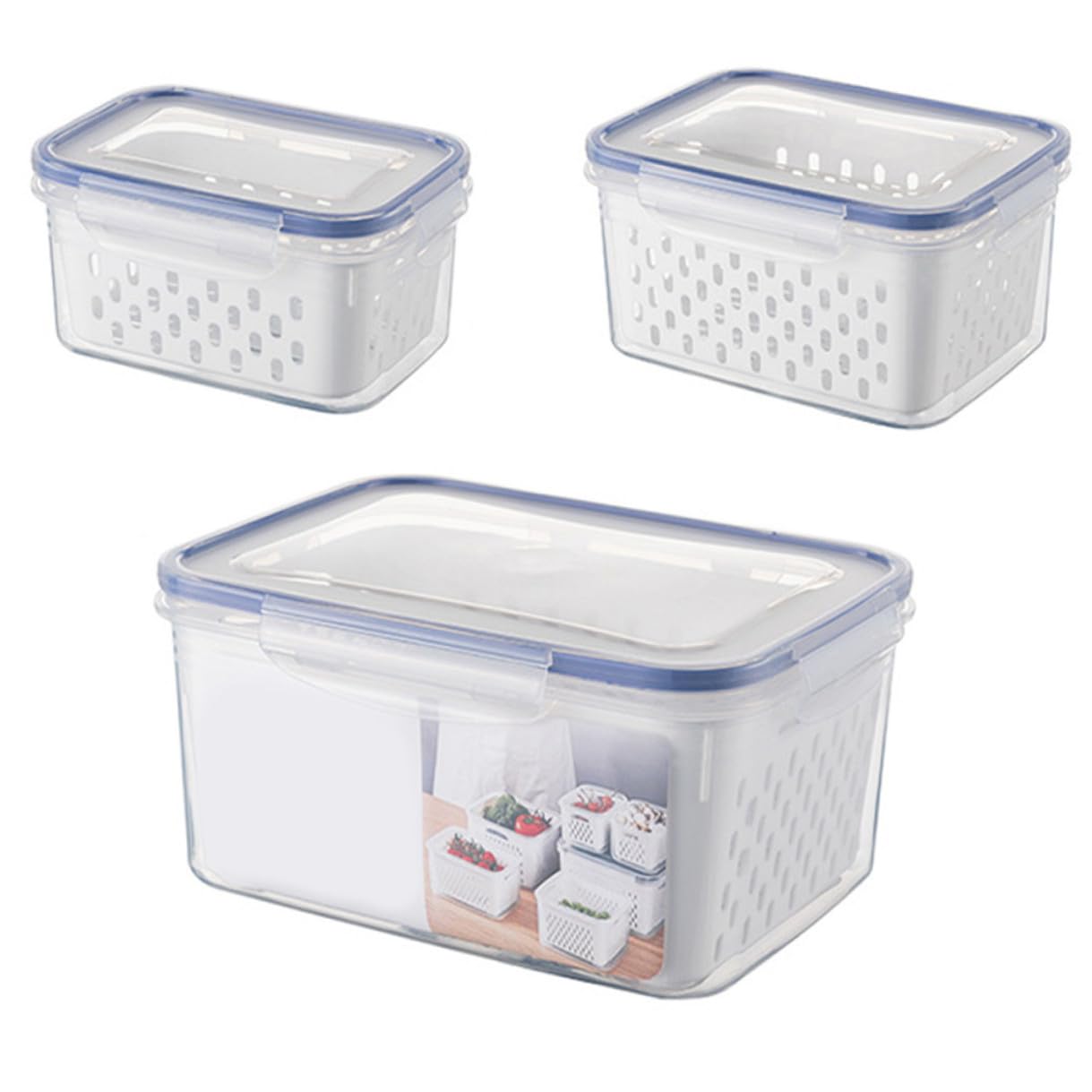 Alipis 3 Stück Kühlschrankbox aus Pp mit Deckel und Abtropfkorb | 850 Ml, 1750ml und 3300ml, Weißes, Herausnehmbarer Einsatz für Obst und Gemüse