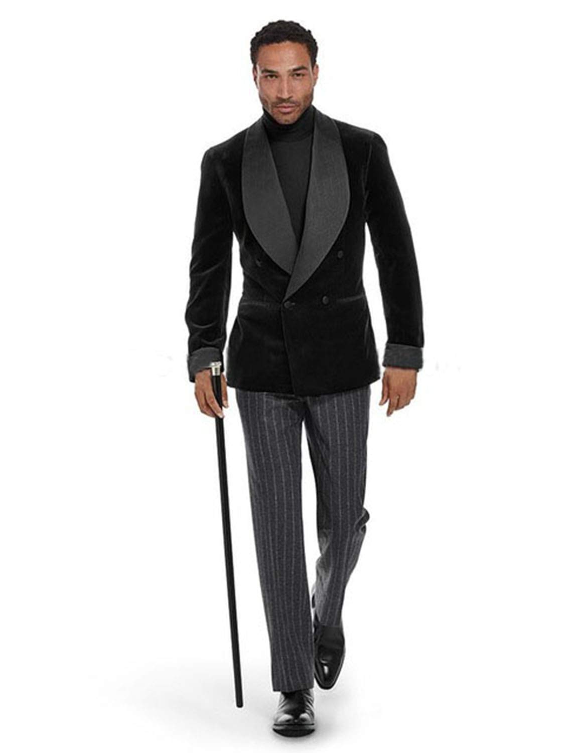 Smoking Homme Velours Noir Veste Croisée Pantalon Rayé Chic - 5