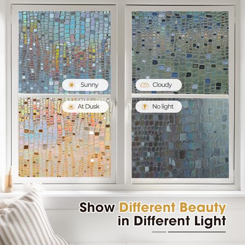 Image of Windimiley Rainbow Window Privacy Film, 3D Stained Glass Christmas Decorative Window Clings, UV Heat Blocking Holographic Prism Stickers for Home (35.4 x 157.5In,Brown)