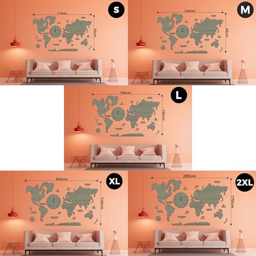 Image of rawpockets - 3D Wooden World Map With Clock Wall Decor | Wall Art, Wall Hangings & Gift | Travel Map | Living Room & Bedroom Wall | Working Space - Grey Wood Color - Small Size (110 X 65 CM)