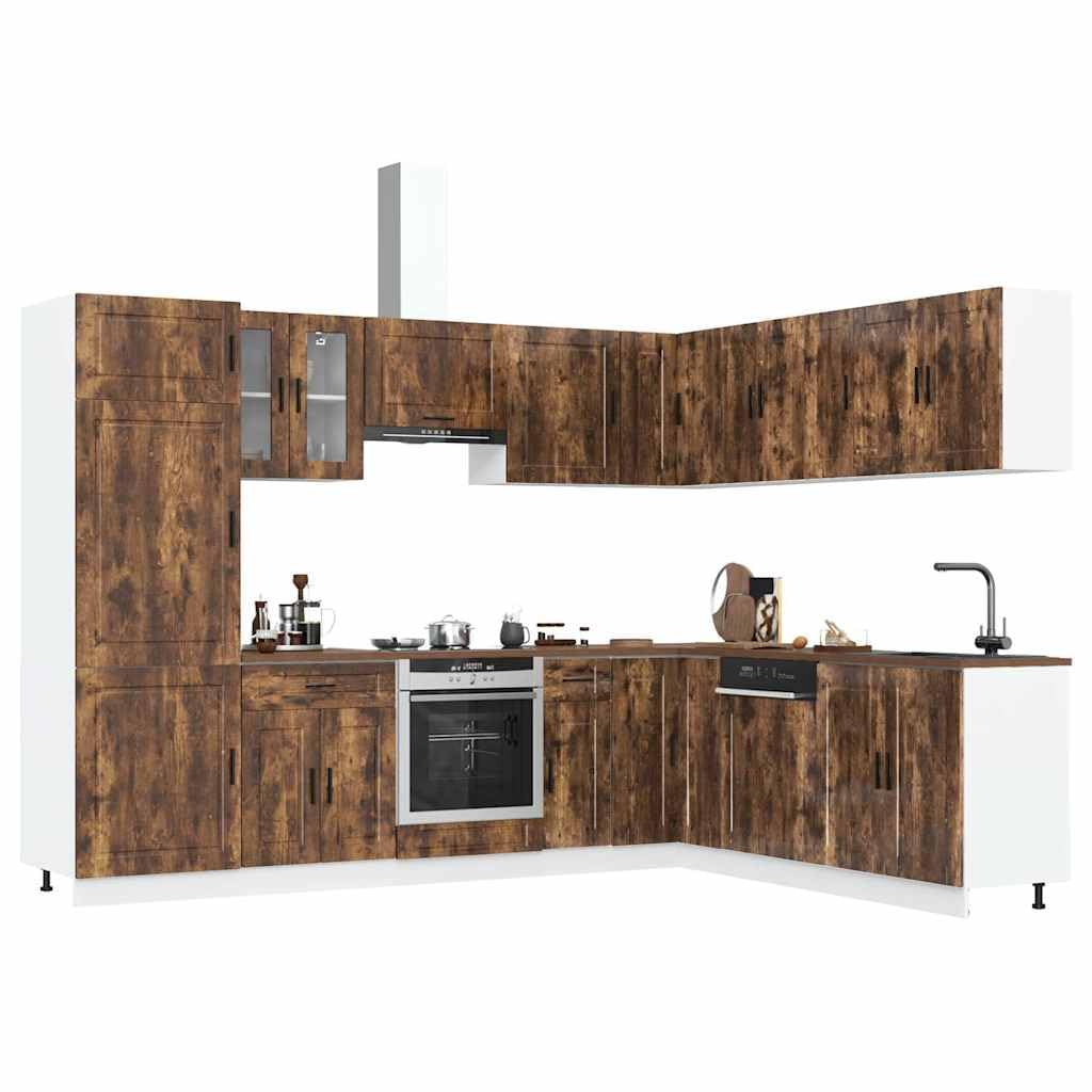 Porto - Set di 14 mobili da cucina in legno di rovere affumicato, credenza per buffet, dispensa, cucina, bagno, soggiorno
