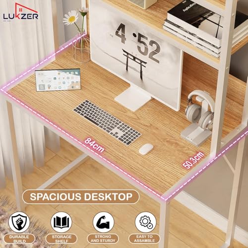 Image of Lukzer Study Table with 2-Tier Bookshelf | MST-006 /White & Light Oak | Metal & Engineered Wood Computer Desk for Home Office | Modern Space-Saving PC Workstation with Storage Shelves (147x84x50 cm)