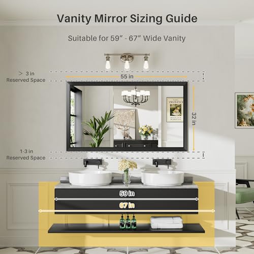 55x32 Inch Black Bathroom Mirror for Wall, Thick Metal Framed Rectangle Mirrors for Over Sink, Bedroom, Living Room, Entryway, Anti-Rust, HD Tempered Glass