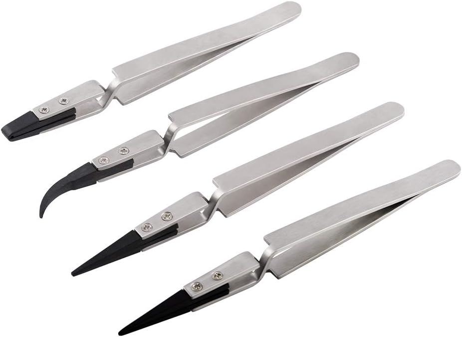 Anti-Static Tweezers, Set of 4 Plastic Tipped, Stainless Steel Precision, Self-Locking, ESD Safe, For Electronics, Lab, Jewellery Crafts