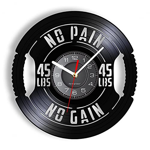 Wwbqcl No Pain No Gain Wanduhr Gym Bodybuilding Schallplatte Sportuhr Gewichtheben Dekor für Fitness Club Strongman Geschenk ohne LED Cover