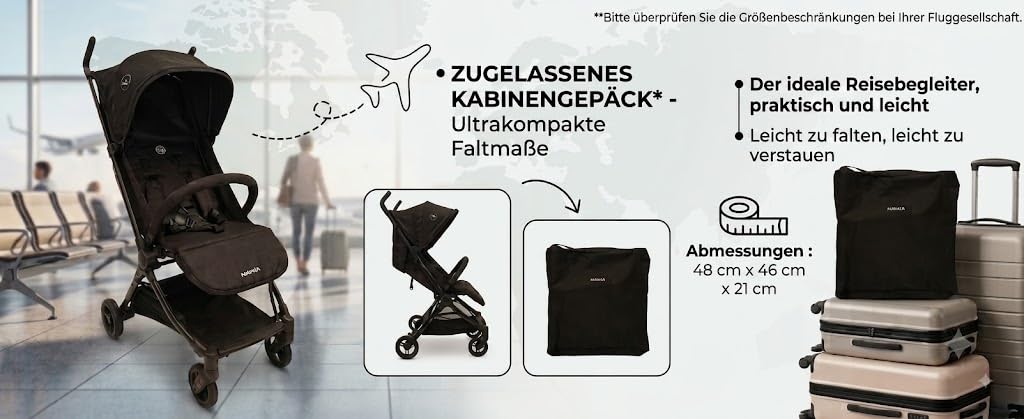 Nania, passeggino ultracompatto, Babyjet (da 0 a 15 kg), omologato per il trasporto in cabina aerea, leggero (4,5 kg), schienale reclinabile, parasole regolabile, borsa da trasporto inclusa
