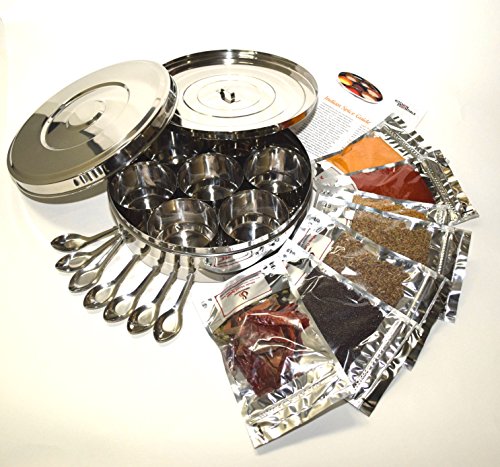 Authentic Indian Spice Box with Double Lid 24cm (Large), 7 Spice Spoons, 7 Spice Packs & Indian Spice Guide