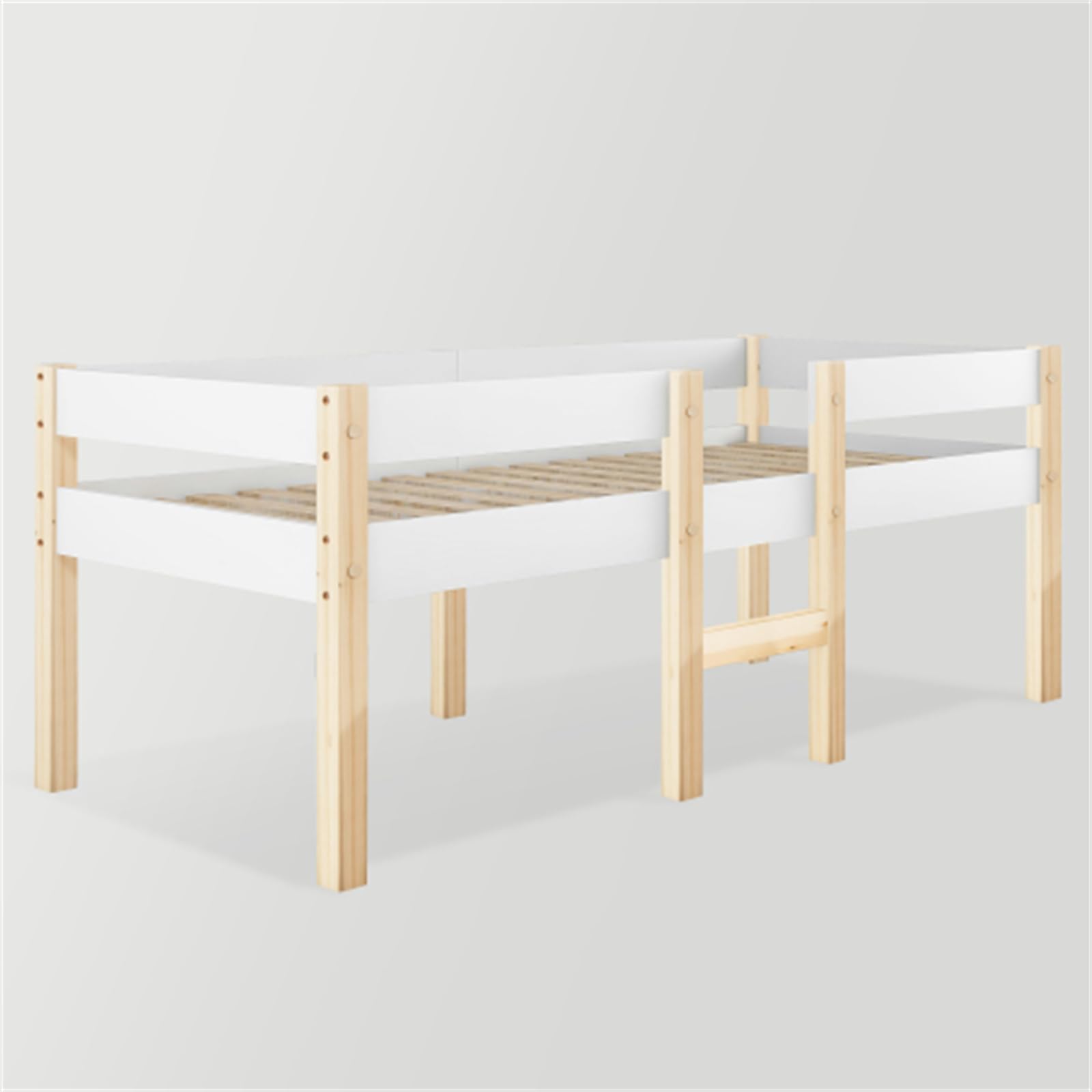 Letto a castello con protezione anticaduta, lettino con griglia e scala, 90 x 200 cm, bianco e rovere, rete a doghe in pino massello per ragazzi e ragazze