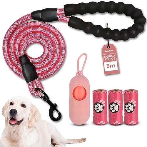 COZYPETS Correa para Perros Medianos y Grandes - Correa Básica de 5m con Mango Acolchado para Adiestramiento - Incluye 3 Bolsas para Excrementos y Dispensador - Duradera y Cómoda