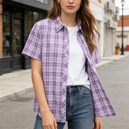 Image of SANGTREE Girls and Women Plaid Shirt Short Sleeve Button Down Summer Blouses Tops