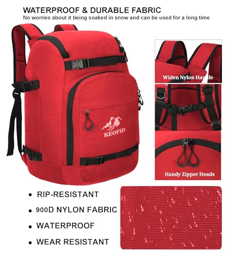 KEOFID Skischuhtasche für Damen und Herren, 50 l, Ski-Reiserucksack und Snowboard-Tasche, wasserdichte Skitasche für Brillen, Handschuhe, Snowboard, Skihelm und Zubehör (rot)