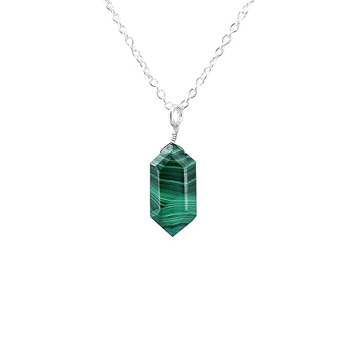 Gempires Natural Malachite Hexagon Pendant Necklace, Handmade Jewelry, 10 x 20 mm With 16 + 2 Inch Adjustable Chian (Malachite)