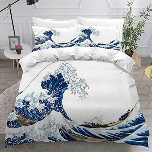 RLYXGS Housse De Couette 140x200cm Enfant Ado Japonais Vagues De Kanagawa Parure de lit 3D Japon Microfibre 1 Personnes avec Fermeture Éclair Et 2 Taies D'Oreill 3...