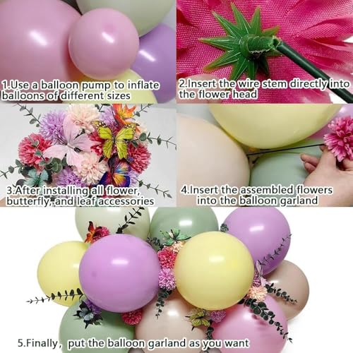 Image of Green Pink Purple Balloon Arch Double Stuffed Pink Yellow Sand White Balloon Garland with Bionic Flower Leaf Butterfly Stickers for Spring Birthday Garden Wildflower Baby Shower Easter Party Decor