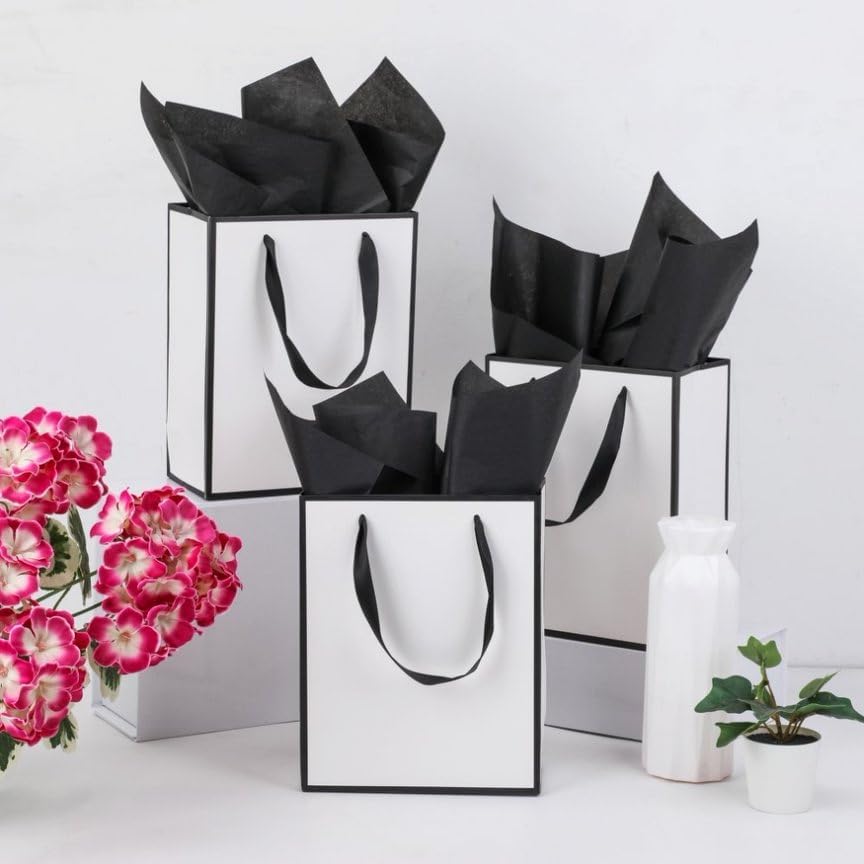 UoeRing 12 Pack Thank You Gift Bag with Handles 9.5x7.5x3.75 inch Medium Birthday Gift Bags with Tissue Paper and Card for Wedding Bridesmaid Holidays Mother's Day Baby Shower (White Black) - Image 6