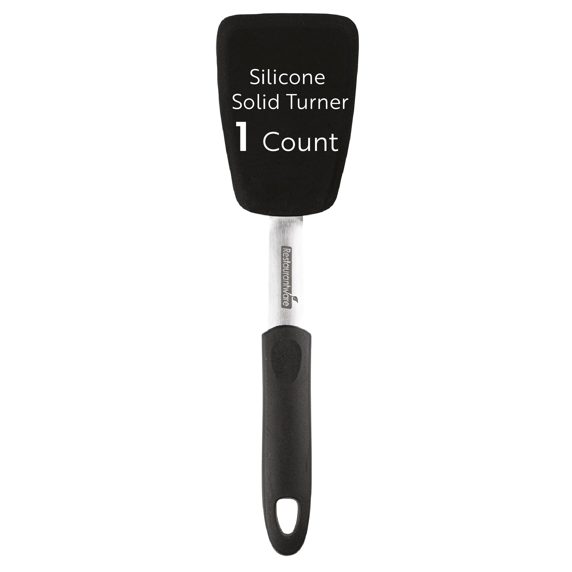 Comfy Grip - Volteador de silicona de 13.3 x 4 pulgadas, 1 espátula de cocina duradera, cuerpo de acero inoxidable, mango de goma con agujero, espátula de silicona negra, tolera hasta 446 F, lavable