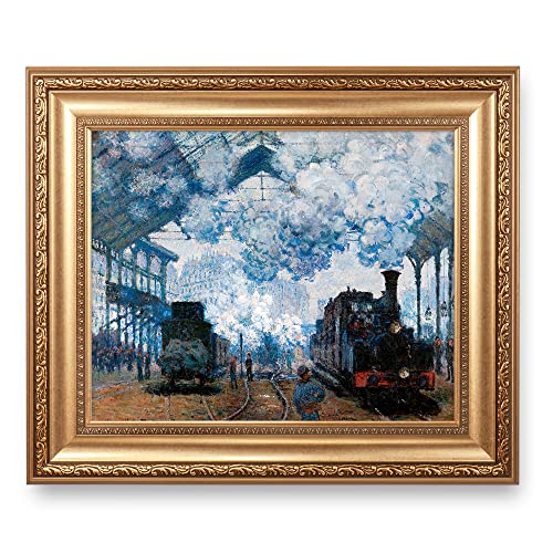 The Gare Saint-Lazare: Arrival of a Train by Claude Monet Framed Size:26x22 inches,Image Size:20x16 inches World Classic Reproductions For HomeDecor,Wide Gold Frame