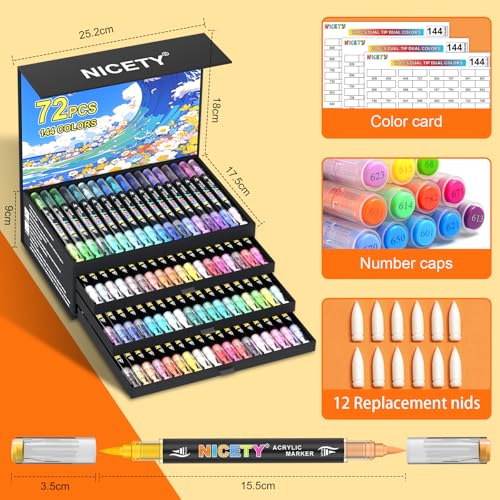 Image of NICETY 144 Colors Acrylic Paint Markers - 72 Pack Dual Tip Acrylic Paint Pens with Brush Tip, Water-Based Quick-Dry Non-Bleed Paint Markers for Rock, Wood, Glass, Ceramic, Fabric, and Canvas