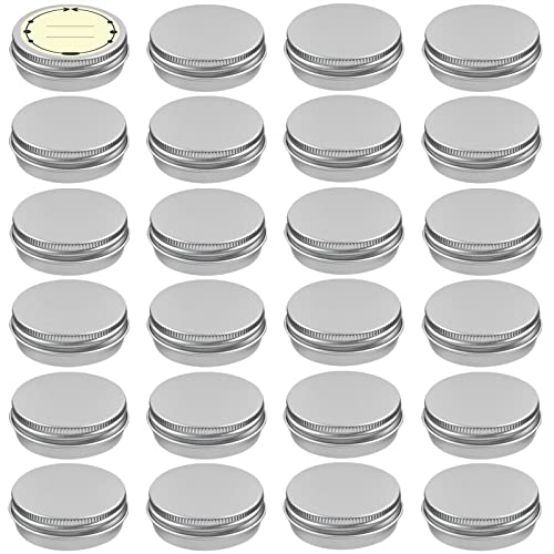 TUZAZO 24Pack 1/2 Oz Aluminum Tin Cans with Screw Lid and Labels, Refillable Travel Sized Cosmetic Containers Small Tins for Lip Balms, Salves, Lotion Bars, Candles