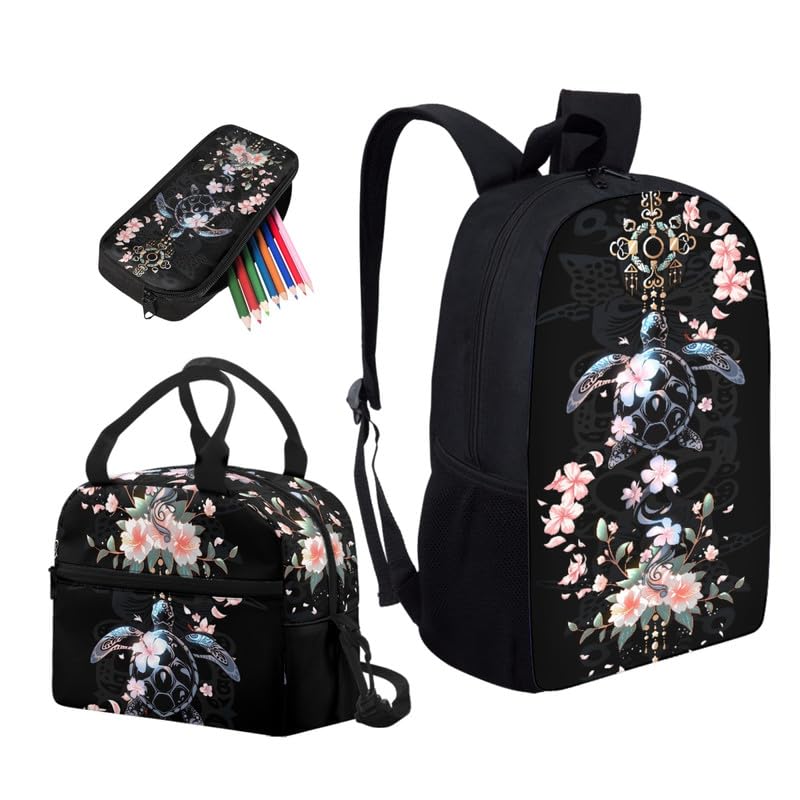 Cartoon Sea Turtle Pink Floral 3 Pcs Shoulder Lunch Bag and Pen Case Bag Set Tribal Ocean Animal Cherry Blossom Travel Backpack 17 Inch Student Backpack Bookbags Set, Black