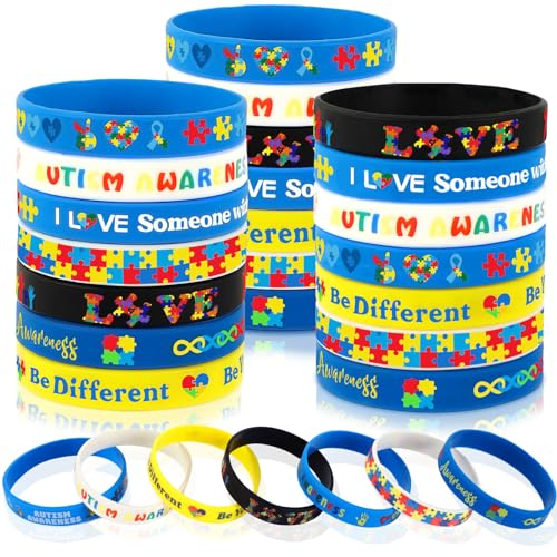 JUNEBRUSHS 42pcs Autism Awareness Silicone Bracelets for Kids Adults