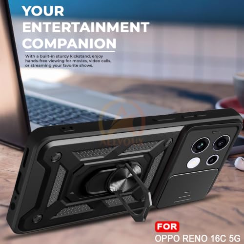 Image of Armor Bumper Back Cover Case for Oppo Reno 16C 5G Rotating Camera Cover, Ring Holder & Kickstand | Heavy Duty & 360 Degree Protection Back Cover for Oppo Reno 16C 5G (Black)