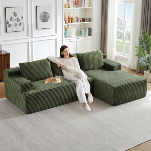 Image of 96 inch Modular Sectional Sofa, Modern Corduroy Cloud Couch, Boneless Couch Upholstered 3-Seater L-Shaped Sofa for Living Room, No Assembly Required (Green, Right-Facing Chaise)