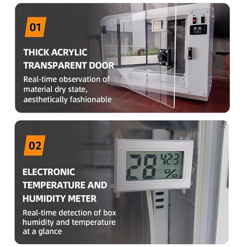 Suszarka z filamentem, 4-szpulowa odwadniacz z termometrem i higrometrem, cyrkulacja gorącego powietrza 360°, regulowana temperatura 0-70℃ dla PLA PETG ABS