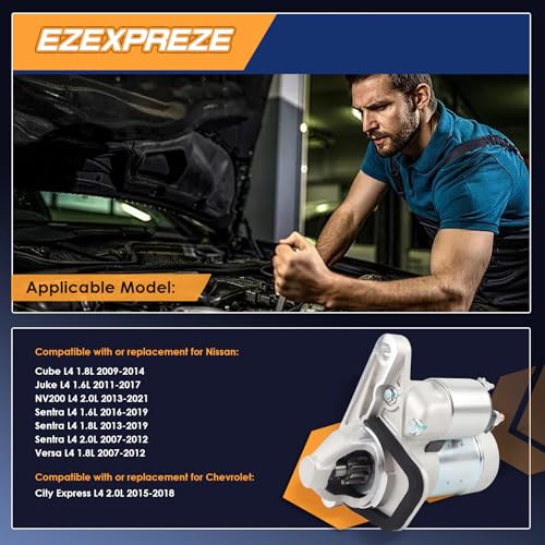 Image of Ezexpreze 17982 New Starter Replacement for Nissan Sentra 2.0L 1.8L 1.6L 07-19, Versa 1.8 07-12, Juke 11-17, Cube 09-14, NV200 13-21, Chevrolet City Express 15-18 L4 Engine OE# S114-902A 19317693