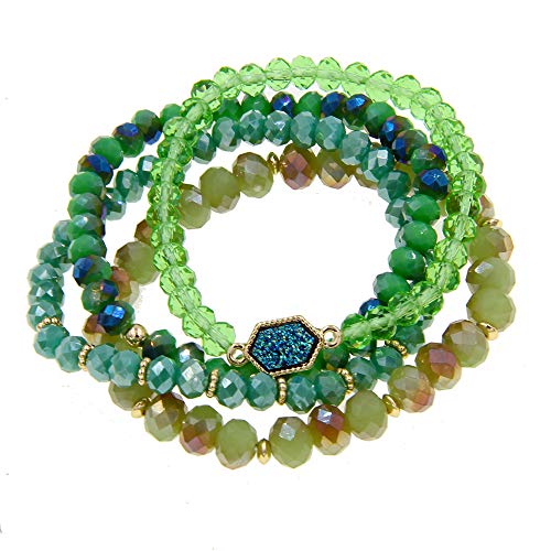 Image of Gold Beaded Bracelet Set, Square Stone Hexagon Druzy Stretch Beaded Stackable Bracelets Bangles