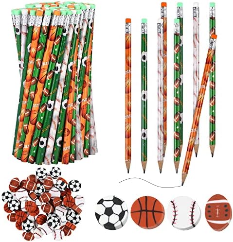 durony 60 Pieces Sports Pencils and 60 Pieces Sports Erasers Fun Baseball Football Basketball Soccer Pencils Ball Themed Stationery Set for School Office Sports Themed Birthday Party Supplies