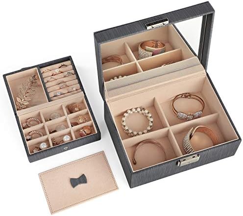 SONGMICS PU Jewellery Box 2 Tier Storage Box with Removable Hinged Travel Box with Mirror on Lid, Grey JBC232GY