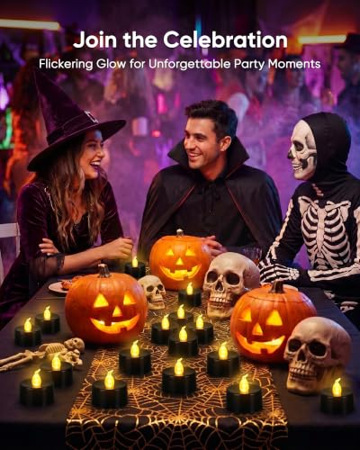 Image of Homemory 24-Pack Black Remote Flameless Battery Tea Light Candles, 400+ Hrs | 2 /4 /6 /8H Timer LED Flickering Tealight Votives for Jack O Lanterns, Halloween Parties, Romantic Dinners and Weddings