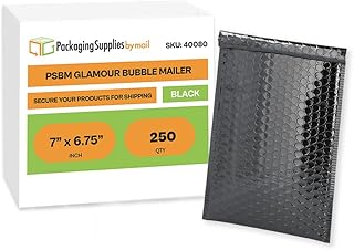 PSBM Black Bubble Mailers, 6.75 Inch x 7 Inch, 250 Pack, Shiny Metallic,Padded Glamour Shipping Envelope, Self Seal and Peel Strip