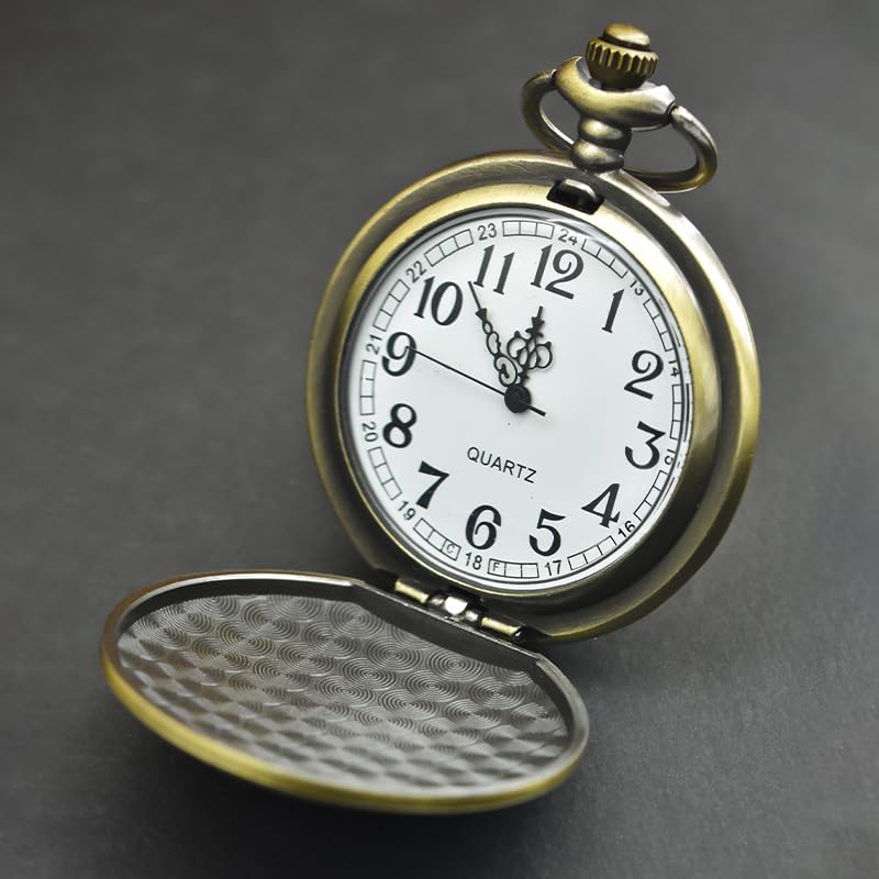 Reloj de Bolsillo Cuarzo con Cadena Fina y Textura Creativa Bronce Vintage, Accesorio Moda, Regalo Unisex for Estudiantes(Bronze 3pc)