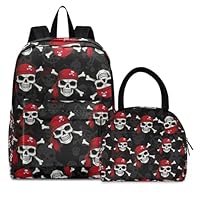 RPLIFE School Backpacks Waterproof Lunch Cooler, Kids Backpacks with Lunch Bag, Pirate Skulls Black
