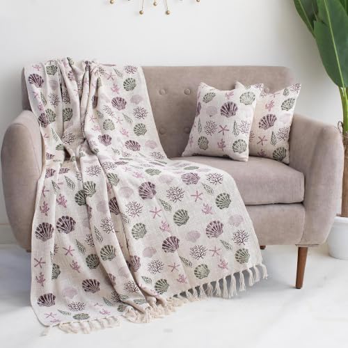 Image of Sofa Throw Cream colour Blanket for Living Room, Soft & Cozy Decorative Couch Cover, Lightweight Throw for Sofa, Bed, Chair & Home Decor, Comfortable All-Season Coverlet 50x70 inch (Sea Animal)