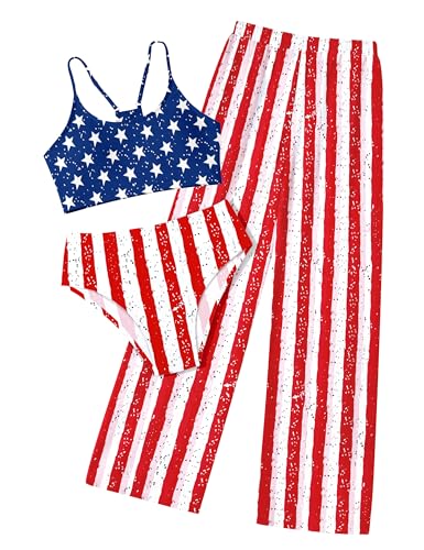 Image of NECIOUS Girls Swimsuit, 3 Piece Bikini Bathing Suit Tropical Floral Swimwear with Cover Up Pants 7-16Y