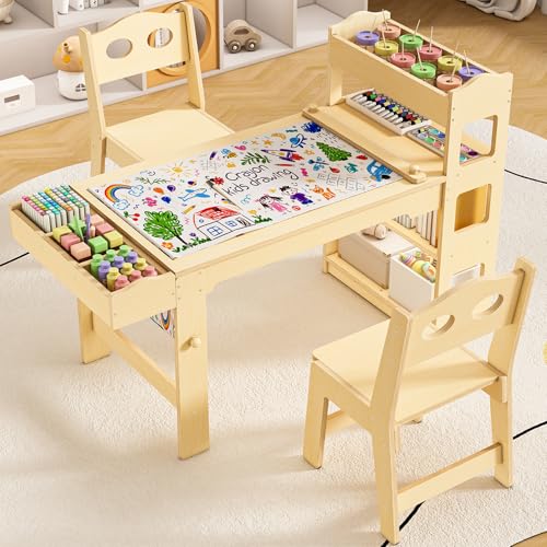 Acenova Kids Art Table and Chairs Set with Paper Roll and Storage Wooden Craft Table with 2 Chairs Kids Desk with Storage for Drawing Learning Reading Toddler Activity Play Desk Classroom