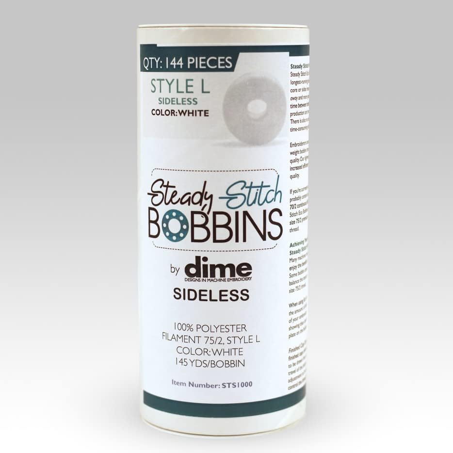 Steady Stitch Sideless Style L Polyester Prewound Bobbins, 144 per Tube