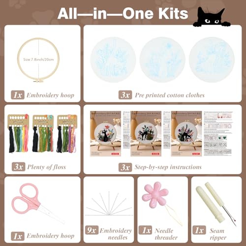 Image of RidaaFri Embroidery Kit for Beginners Set of 3, DIY Hand Stamped Embroidery Kits for Adults and Starts with Cute Cat and Plants Patterns, Hoop, Needle, Threads and Instructions