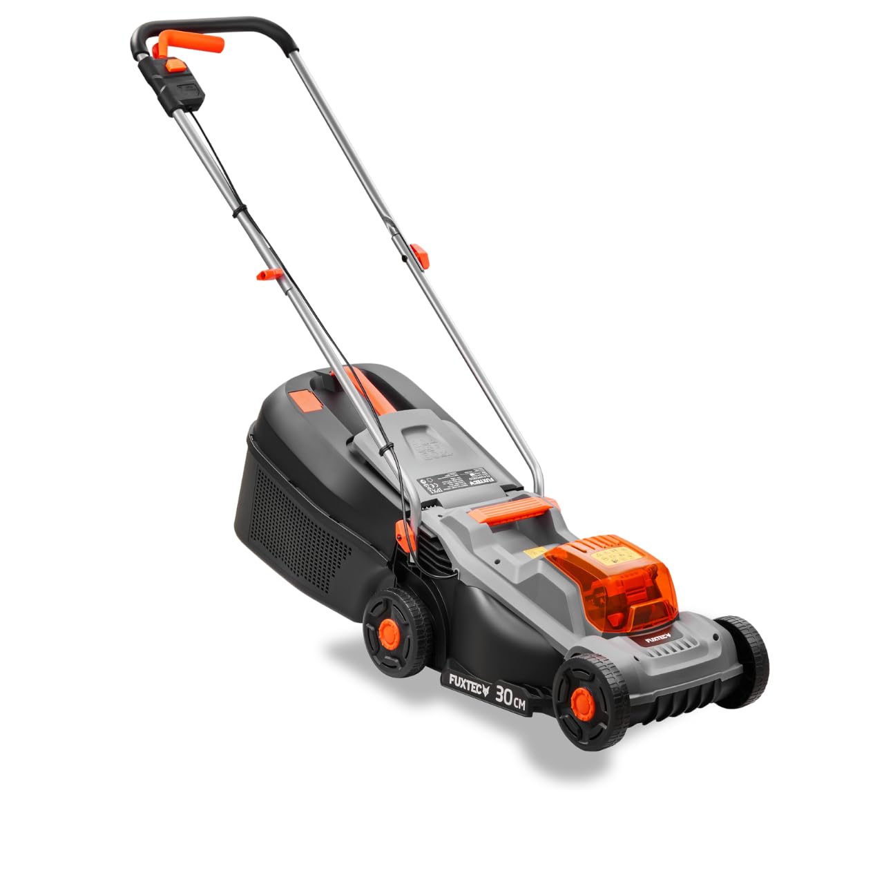 FUXTEC Tondeuse à Gazon sans Fil 20 V FX-E1RM20-ECO-SET, Batterie 4Ah + Chargeur, pour Jardins Petits à Moyens, Largeur de Coupe 30 cm, bac 30L, Hauteur de Coupe 30-70 mm