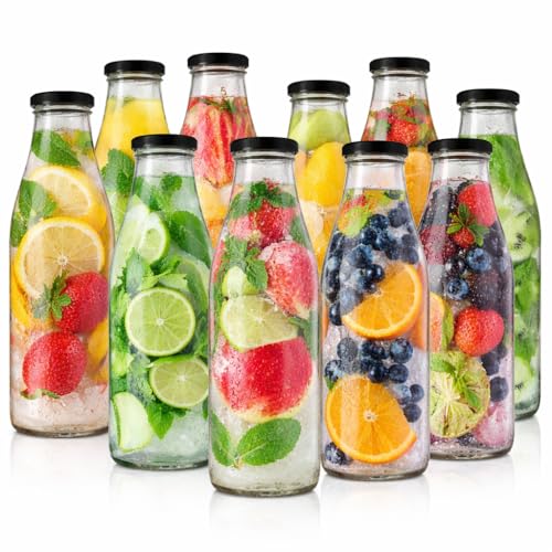 Image of Glassbunny 1000ML Each Glass milk bottle, with metal Lid for Milk, Smoothie, Juices - Reusable Suitable For Fridge Storage Pack of 10
