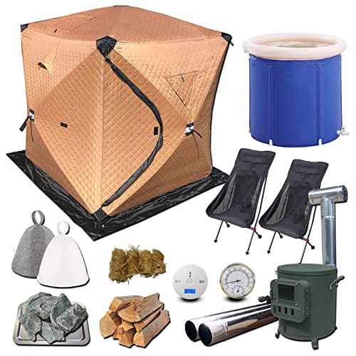 MGC JAPAN TRADE サウナテント セット テントサウナ カーキ 薪ストーブ 水風呂 整い椅子 家庭用サウナ 幅220×奥行220×高さ210 アウトドア