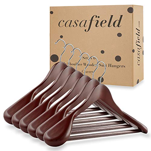 Casafield - 6 Cherry Wide Shoulder Wooden Suit Hangers - Premium Lotus Wood, Non-Slip Pant Bar & Chrome Swivel Hook For Dress Clothes, Coats, Jackets, Pants, Shirts, Skirts #TOP3