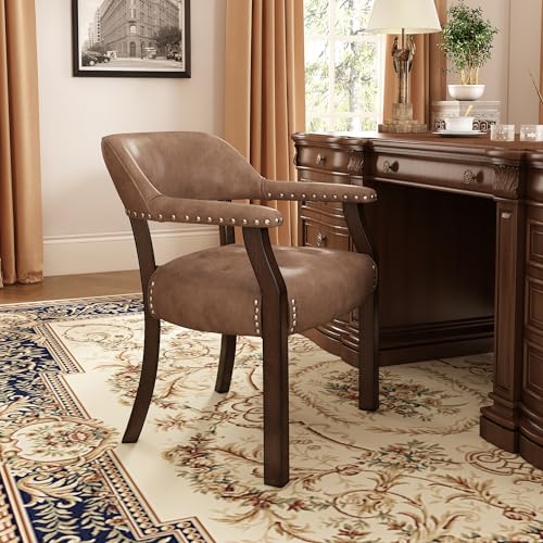 JESONVID Leather Dining Chairs with Arms, Accent Kitchen Table Chairs with Upholstery Button Tufted Cushion, Dining Room Arm Chairs Captains Chair, Wooden Poker Table Chair, Espresso&Muddy Yellow