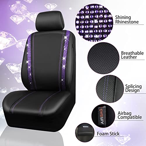 Car Pass Leather Diamond Bling Car Seat Cover 2 Front Interior Sets, Waterproof Universal Shining Glitter Crystal Sparkle Fit For 95% Automotive Truck Suv Cute Women Girl, 2Pcs Black Purple Rhinestone #TOP5