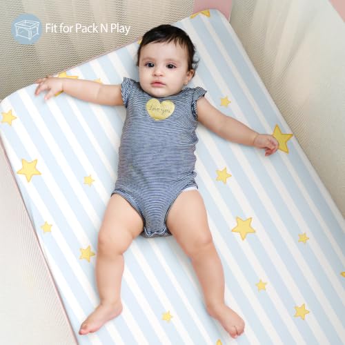 Image of Baby Mini Crib Sheets Boy, Portable 38 inchx26 inch Pack and Play Sheets Fitted for Playard and Pack N Play Mattress, 3-Pack Soft Microfiber Blue Truck